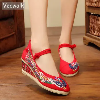 

Veowalk Handmade Women's Canvas Wedged Pumps Sequins Flower Embroidered Ankle Strap Ladies Casual Linen Knitted Mid Heel Shoes