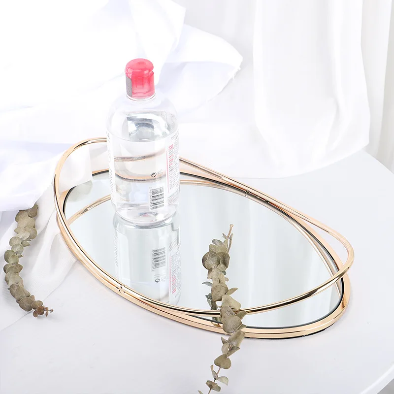 

Handmade Gold Storage Tray Transparent Glass Cosmetics Make Up Organizer Dessert Fruit Jewelry Plate Home Household Decor