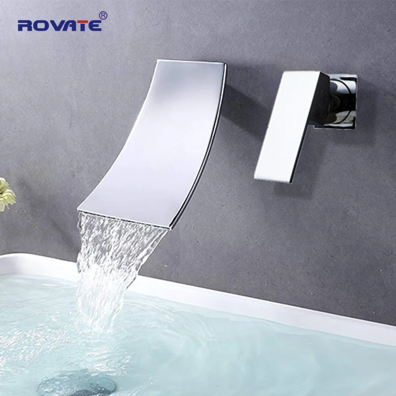 ROVATE جدار جبل حوض للحمام صنبور الشلال ، اثنين من الثقوب سفينة بالوعة الغرور الحنفيات الباردة الساخنة صنبور حوض خلاط النحاس الكروم