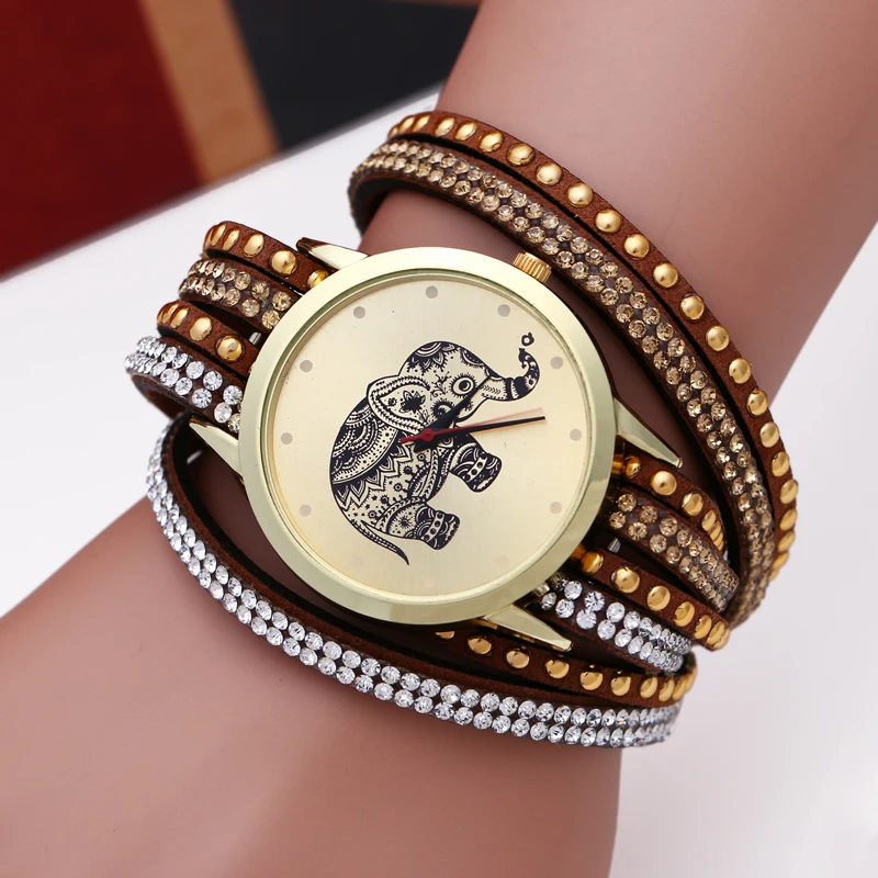 

New 2016 Fashion casual DIY Elephant Pattern Women Dress Watches National Weave Gold Bracelet montre femme Quartz Wristwatch