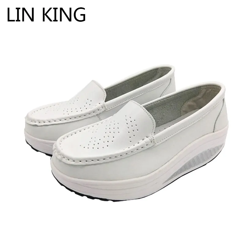 

LIN KING Sprin Autumn Women Swing Shoes Breathable Wedge Lazy Shoes Shallow Mouth Height Increase Slip On Leather Single Shoes