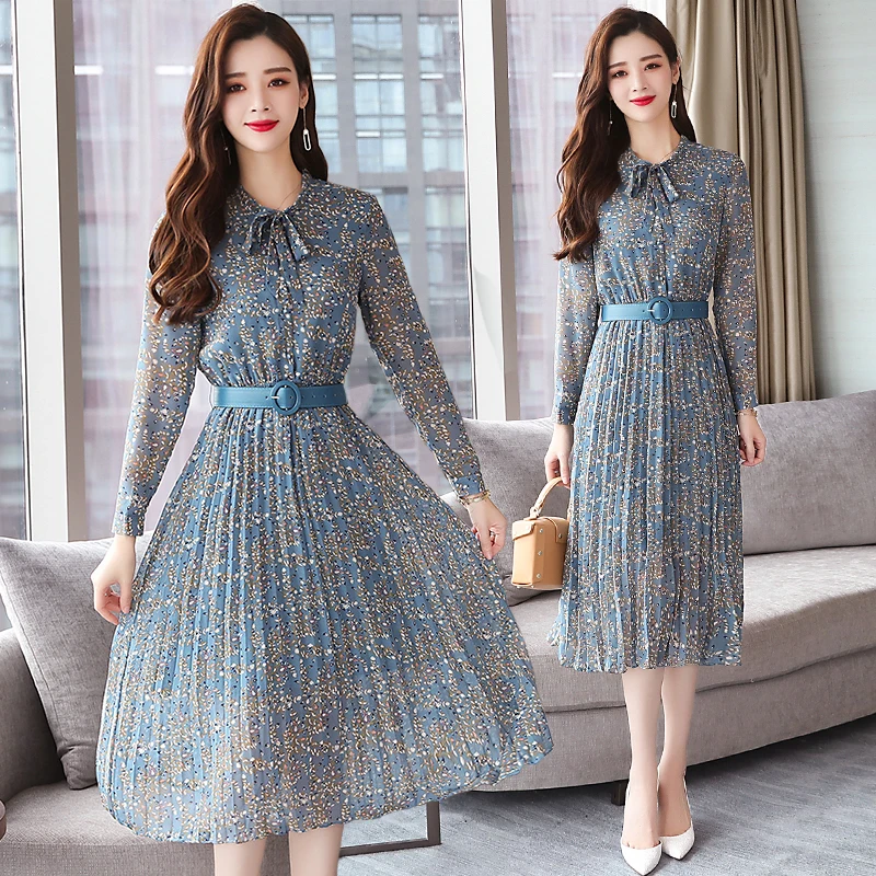 

Autumn Winter New Vintage Floral Chiffon Midi Dress Plus Size Boho Dresses 2019 Elegant Women Party Long Sleeve Dress Vestidos