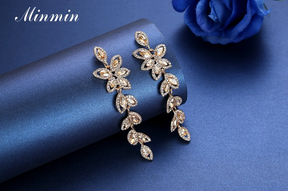 Minmin роскошные серебряные Длинные серьги с кристаллами для женщин, свадебные аксессуары, висячие серьги в виде листьев, ювелирные украшения для невесты EH282