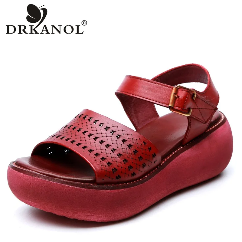 

DRKANOL Sandals Women 2020 Genuine Leather Wedges Sandals Summer Casual Shoes Retro Open Toe Women Platform Sandals Sandalia
