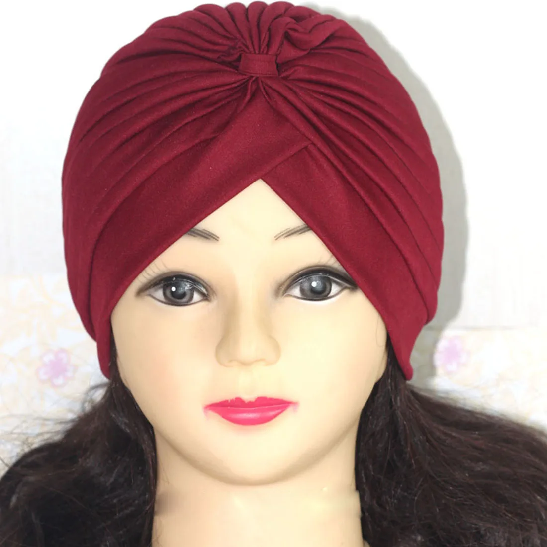 Bandanas Women Stretchy Turban Muslim Hat Headband Warp Female Chemo Hijab Knotted Indian Cap Adult Head Wrap for Women - Цвет: Бордовый