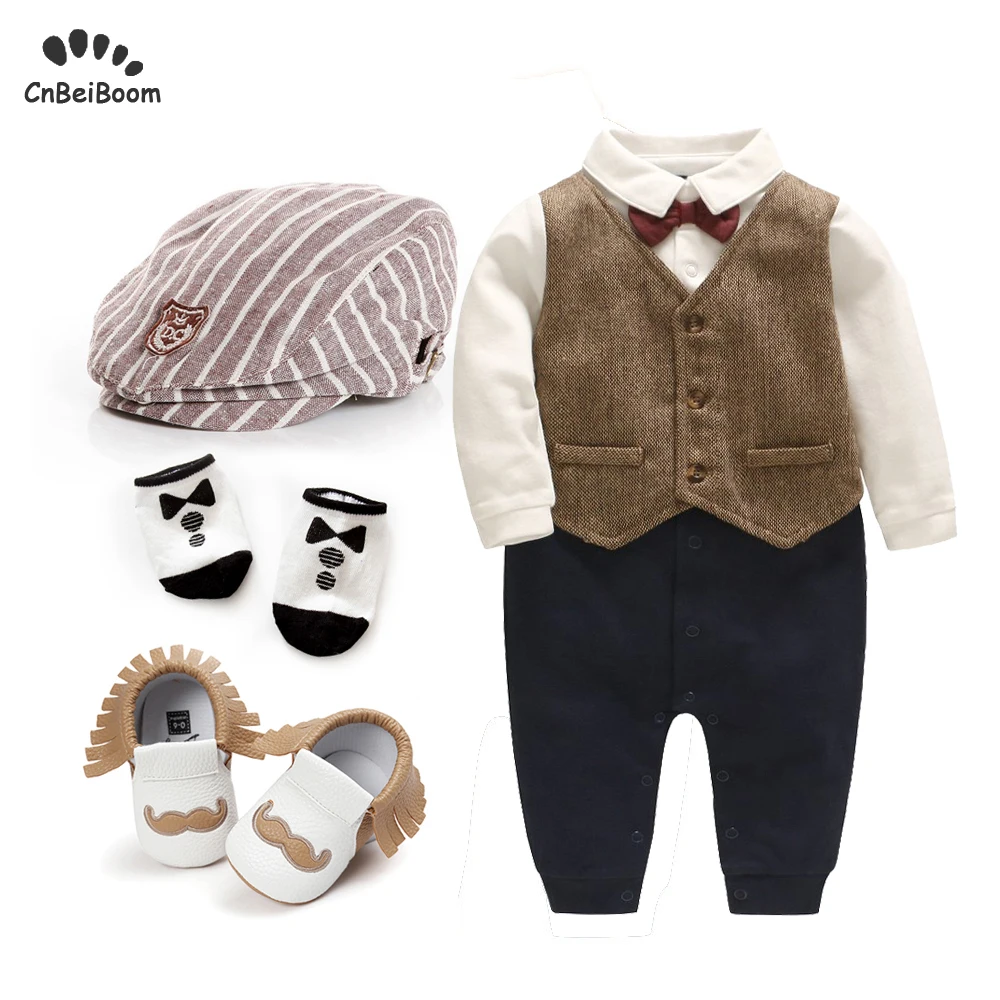 Новые комплекты хлопковых комбинезонов для мальчиков, галстук для мальчика, жилет с бантом, комбинезон+ шапка+ туфли+ носки, комплекты одежды из 4 предметов для новорожденных мальчиков 1 день рождения