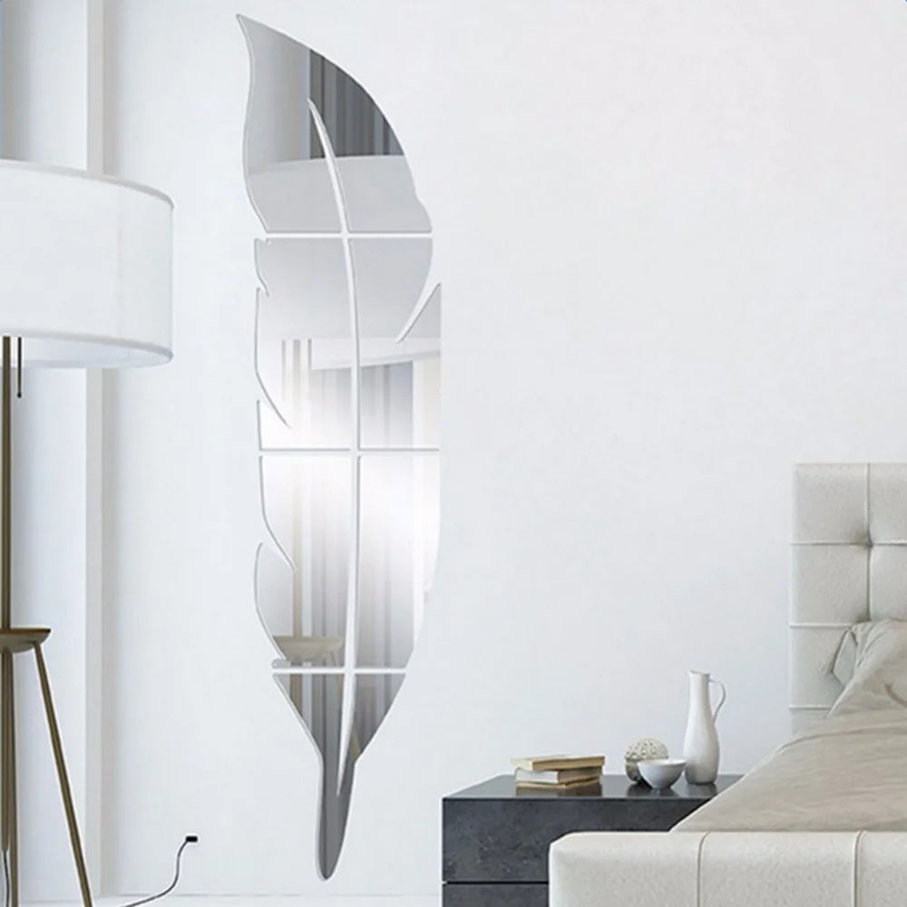 

DIY Modern Feather Home Wall Stickers Decoration Accessories Acrylic Mirror Room Decoration Silver Bedroom Leaf Decor A