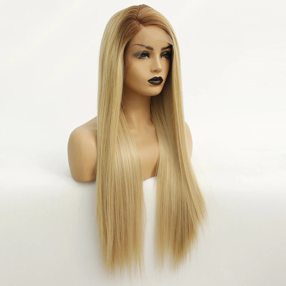 Brown Ombre Blonde Synthetic Lace Front Straight Wig Side Part-4