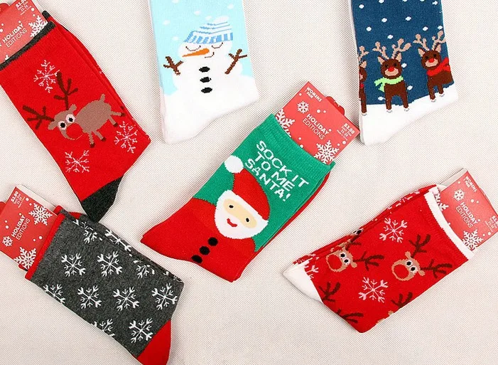 Осенне-зимние модные повседневные женские хлопковые носки с изображением Санта-Клауса, оленя, снеговика, рождественские носки, 6 пар/партия - Цвет: random colors