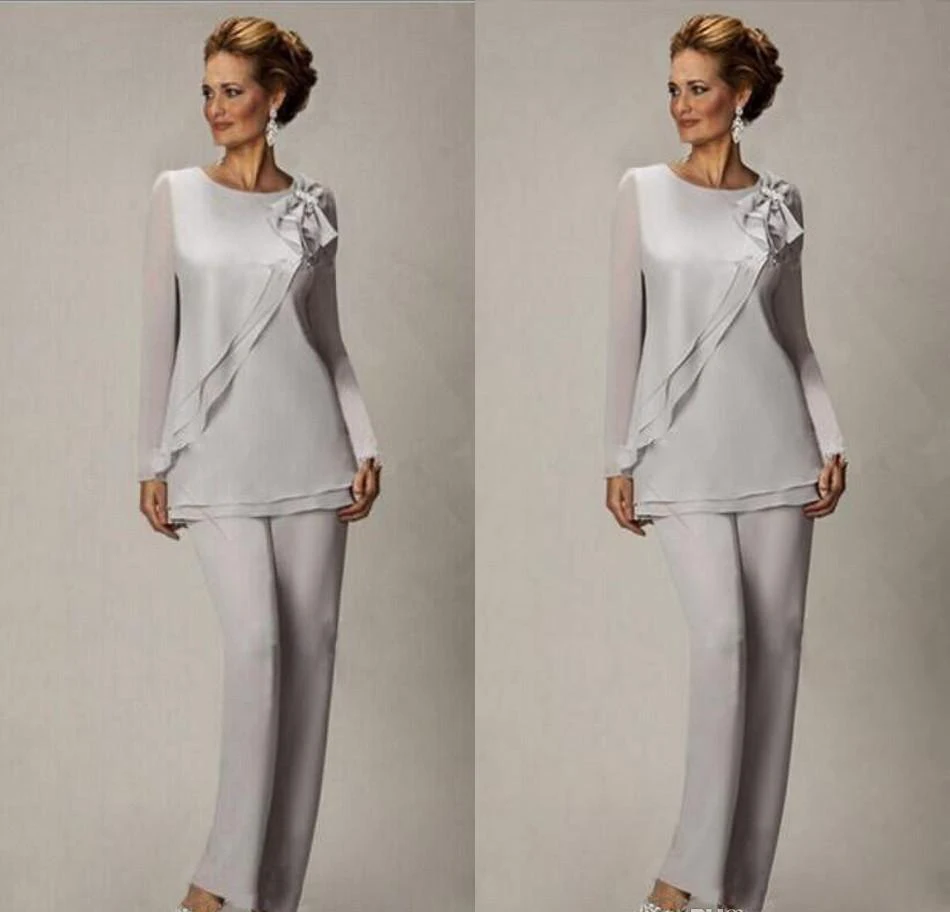 

2019 Elegant Plus Size Silver Mother's Pants Suit For Mother of The Bride Groom Beaded Chiffon Wedding Party Evening Gowns