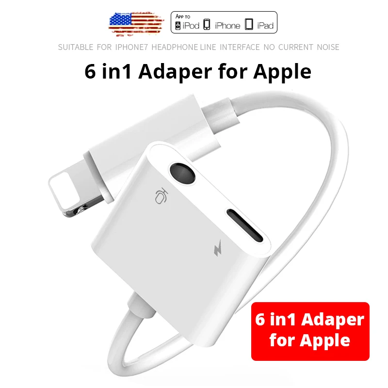 

6in1 Adapter for iPhone 7/8/7plus/8plus Linghting to 3.5mm Headphone Audio Adaptador Converter iPhone X/XsMax/Xr Charging Music