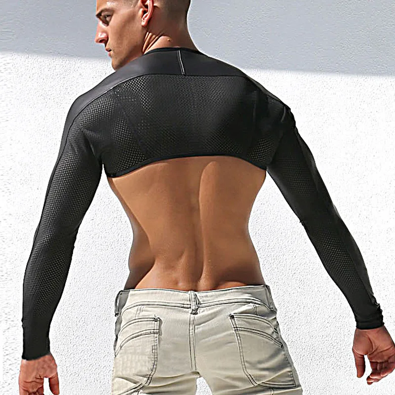 Men Sexy Leather Tank Tops Breathable Mesh Male Shirt Sleeves Tight Sleeve Catwalk Stage Undershirt
