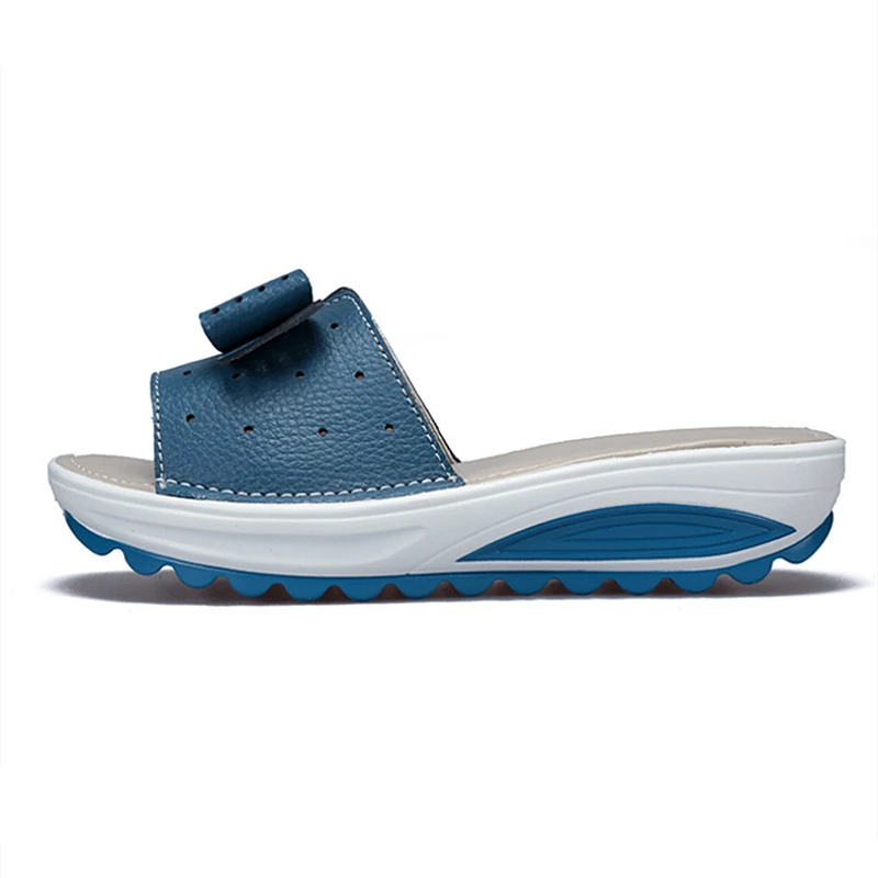 WOIZGIC Women Female Ladies Genuine Leather Shoes Platform Sandals Slipper Outdoor Summer Cool Beach Bow 41 42 BLAC-1792