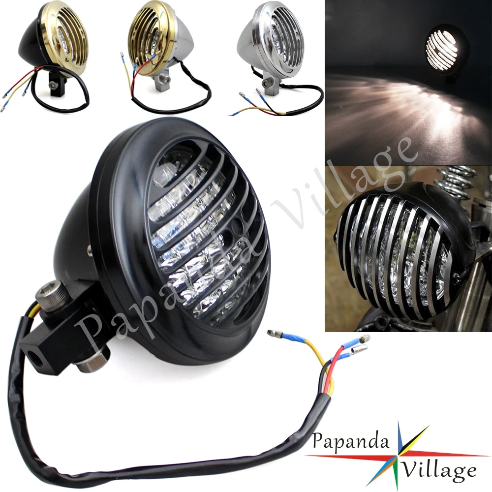 Universal Motorcycle Retro Grill Headlights H4 12V 35W Bulb High Low