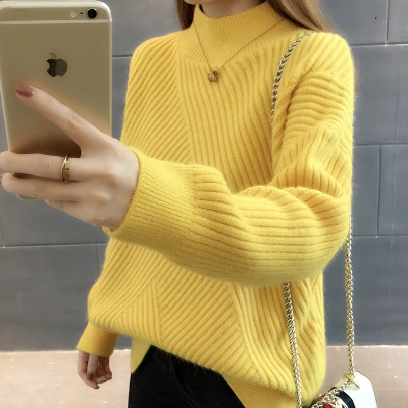 PEONFLY New 2019 Loose Thick Warm Winter Pullover Sweater Women Jumper Half Turtleneck Long Sleeve Knit Yellow Sweater Female
