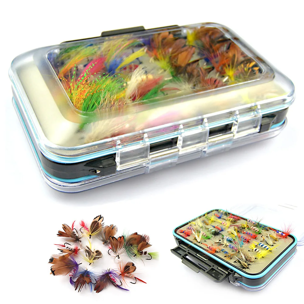 64pcs Feather Lure Fly Hook Set Fishing Bait Universal Combination Flies Waterproof Box Outdoor Dry False Artificial Tackle Tool | Спорт и