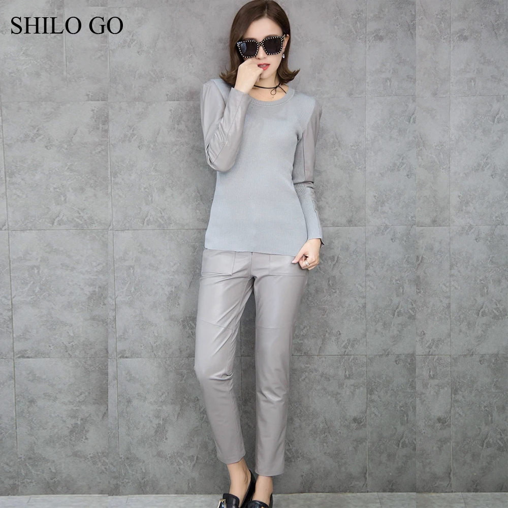

SHILO GO Leather Suit Womens Winter Fashion sheepskin genuine leather Sets O Neck leather sleeve blouse high waist concise pants