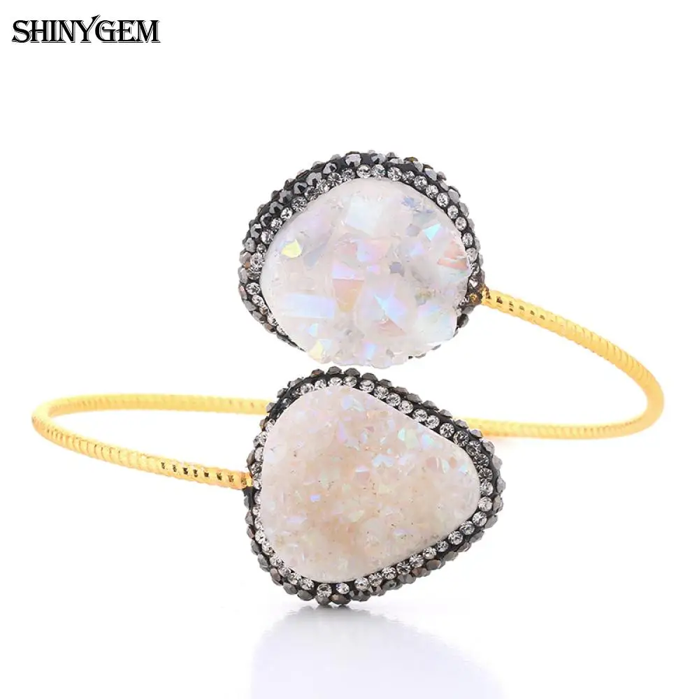 

ShinyGem Gold Color Twist Druzy Bangles Bracelets Big Irregular Zircon Druzy Stone Bangle Adjustable Open Cuff Bangles For Women
