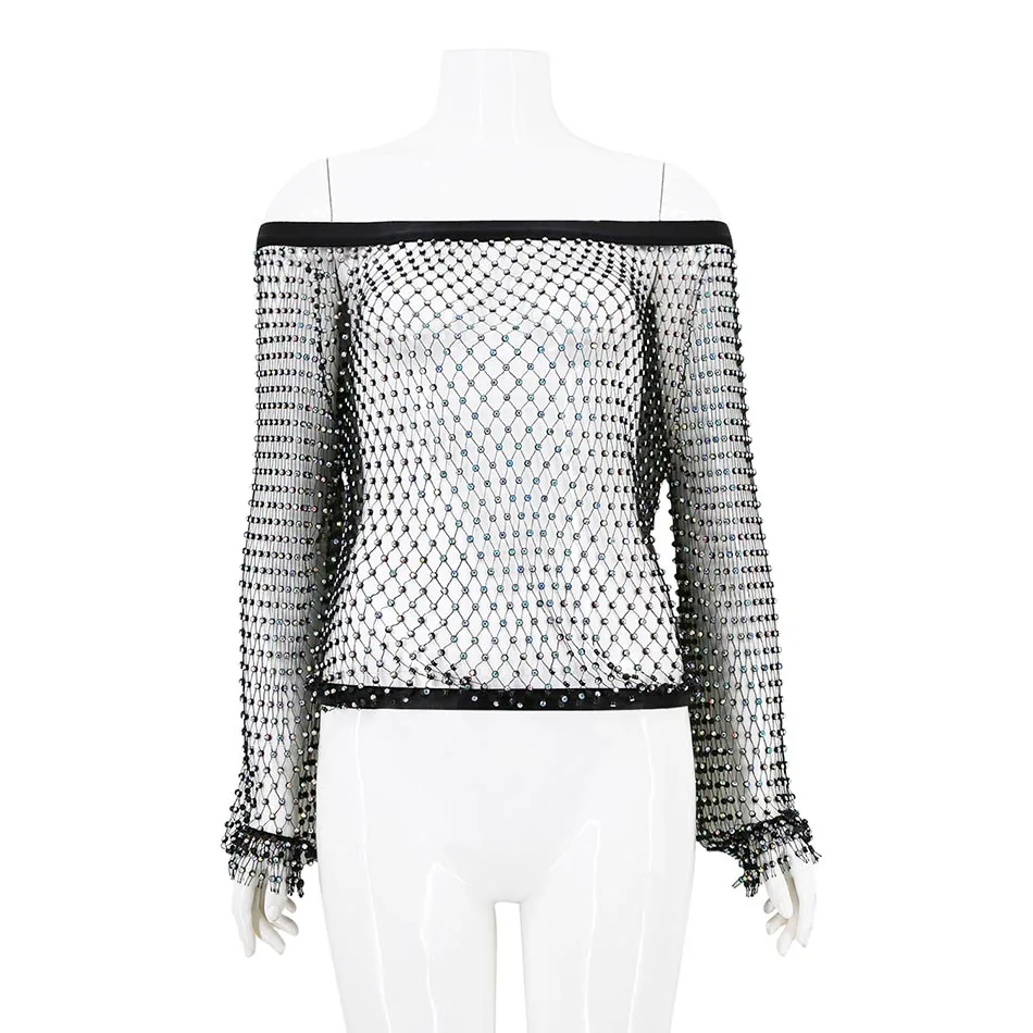 Shinning Slash Neck Off the Shoulder Long Sleeve Cutout Tops Tees Womens Grid Hollow Out Rhinestone Party Night Club Robe Crop