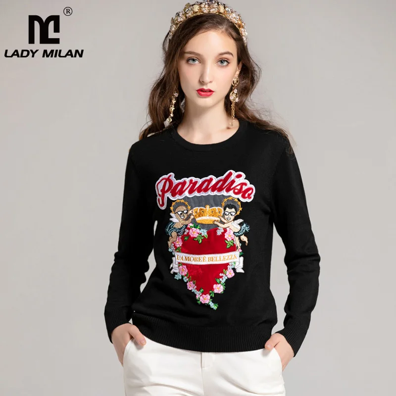 

Lady Milan Women's O Neck Long Sleeves Embroidery Appliques Elegant Fashion Blouse Outerwear Sweaters