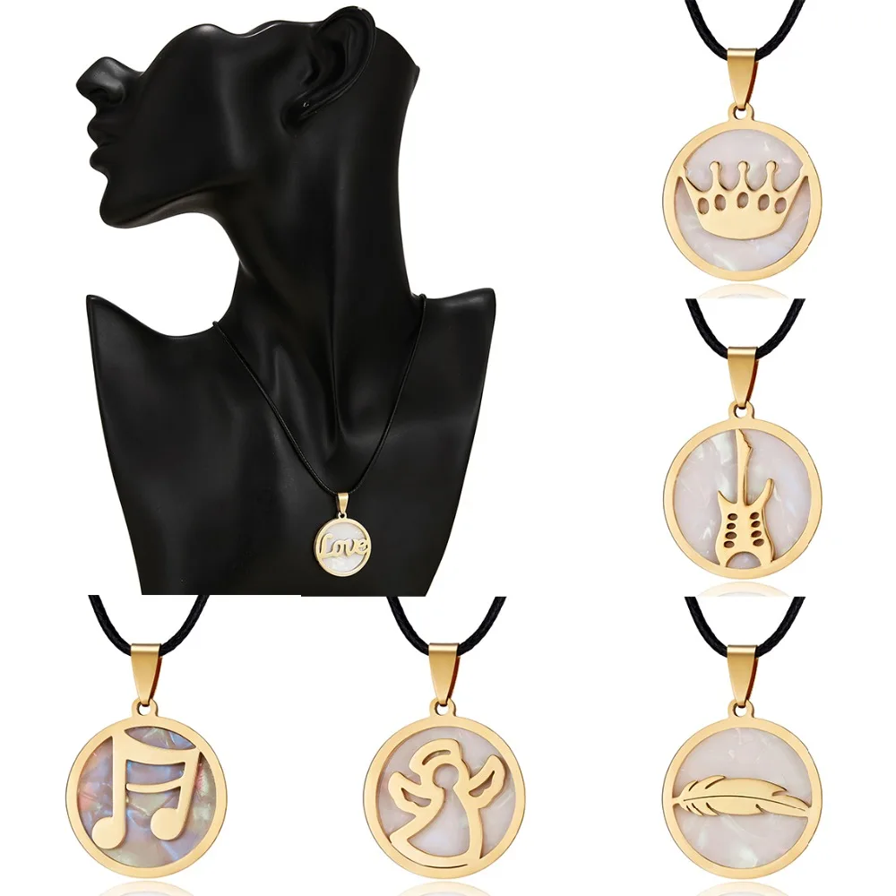 

Top Sale Round Stainless Steel Shell Pendant Necklace Gold Leaf Crown Guitar Pendant Leather Chain Women Fashion Party Jewelry