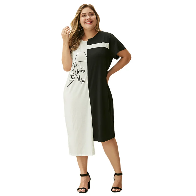 

WHZHM Summer Plus Size 3XL 4XL O-Neck Asymmetrical Dress Women Patchwork Printed Party Casual Short Sleeve Loose Dress Ladies
