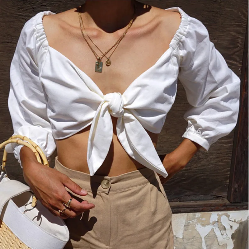 

Women's White V-neck Long Sleeve Bowtie Crop Top Shirt Patchwork Solid Casual Female Slim Mini Tops 2019 Summer Sexy Lady Shirts