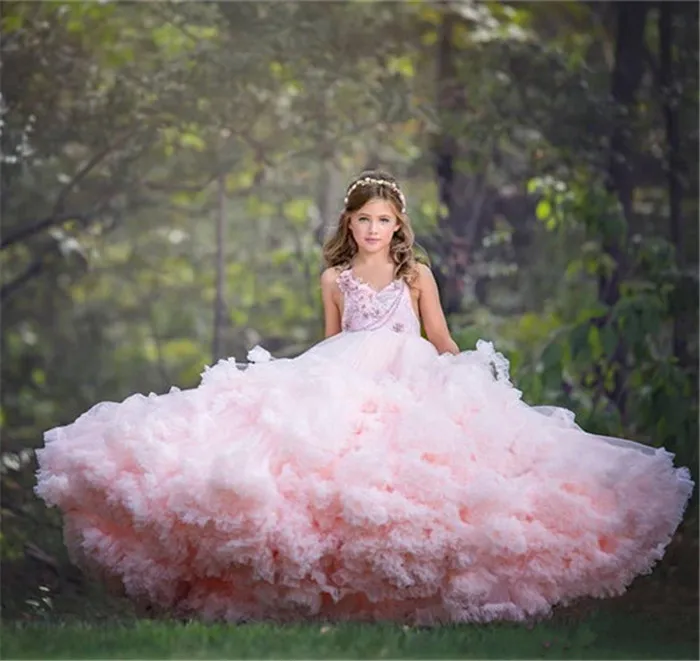 Розовое Пышное Платье для девочек на день рождения Пышное Платье с v-образным вырезом, многослойное Тюлевое платье с цветочным узором для девочек на свадьбу, детское Пышное Платье - Цвет: Розовый