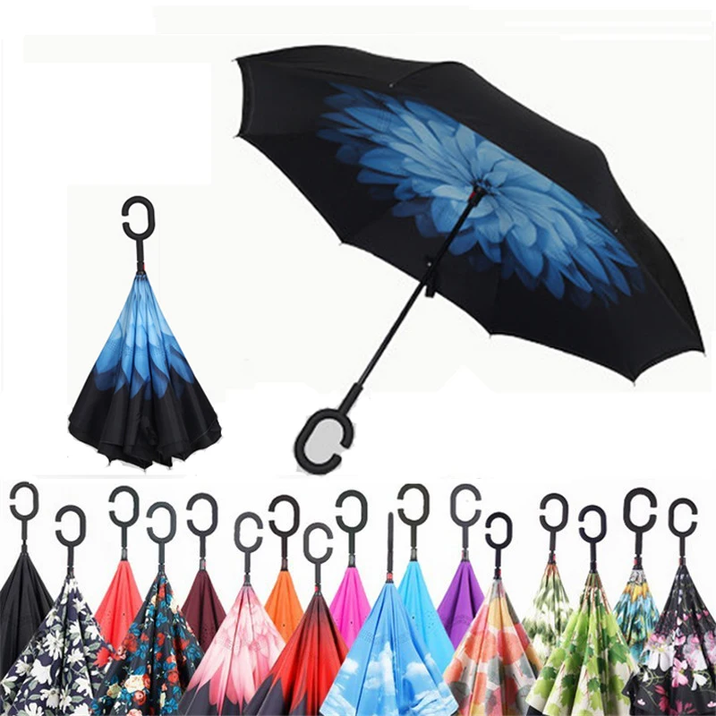 

Folding Reverse Umbrella Double Layer Inverted Windproof Rain Car Umbrellas For Women S1004