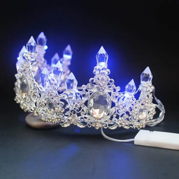 Большой светодиодный диадема для женщин Кристалл цветочный головной венок Стразы светильник короны свадебные аксессуары для волос