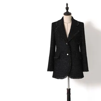 

New WT0057 High quality black sparkle gold elegant V collar mid long fragrant suit jacket