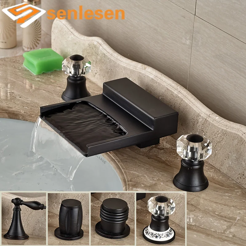 

Oil Rubbed Bronze Deck Mounted Bathroom Lavatory Sink Faucet Waterfall Spout with Hot Cold Water Taps