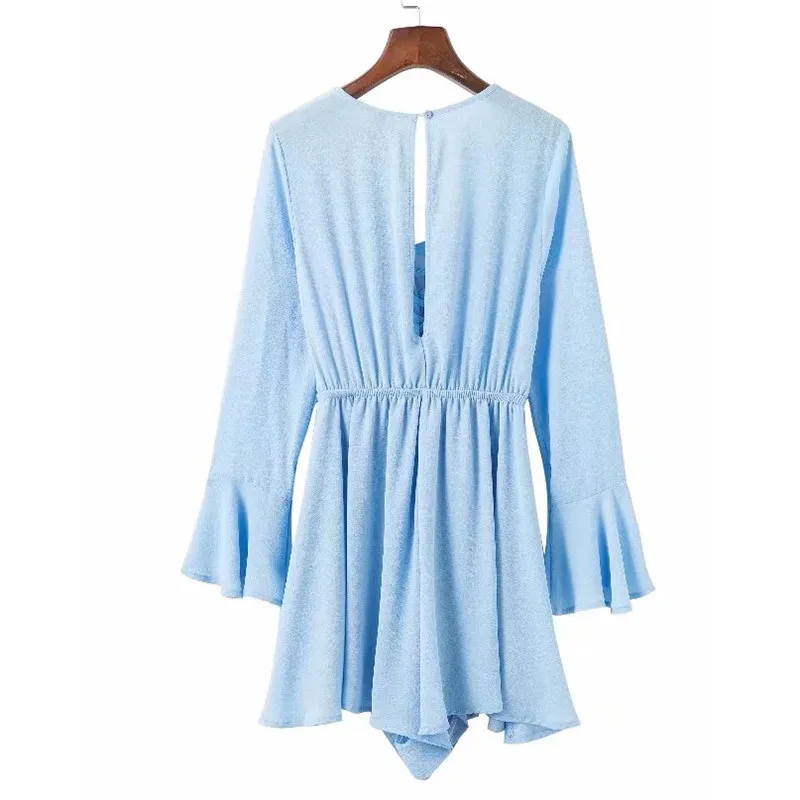yinlinhe Blue Playsuit Women Long Flare Sleeve V neck Lace Up Summer Playsuit Shorts Jumpsuit Ruffles Sexy Loose Pants   9