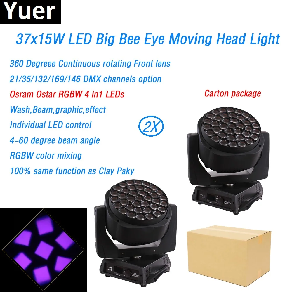 

2Pcs/Lot Carton package 37x15W LED Big Bee Eye Moving Head Light O-sram Ostar RGBW 4in1 leds Clay Paky beam wash gobo effect dmx