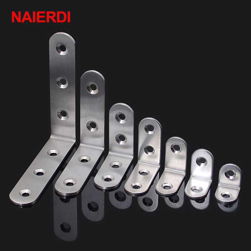 

NAIERDI 10PCS Angle Stainless Steel Corner Brackets Fasteners Protector Seven Size Corner Stand Supporting Furniture Hardware