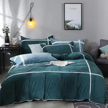 

Cross stripes Bedding Set Blue Bed Set luxury Thick velvet Solid color Duvet Cover Set Bed Sheet Pillowcases Queen King size bed