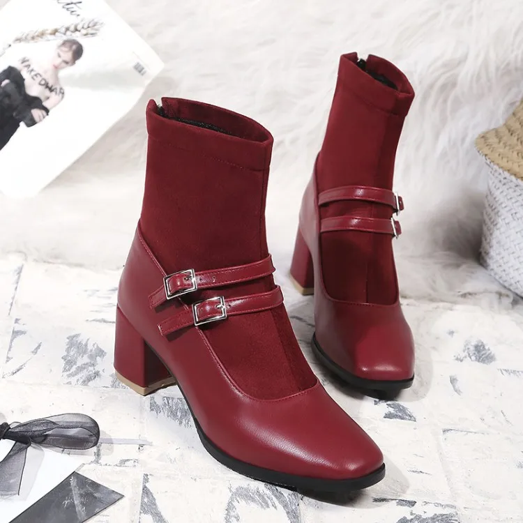 

Big Size 9 10 11-17 boots women shoes ankle boots for women ladies boots Splice belt buckle back zip