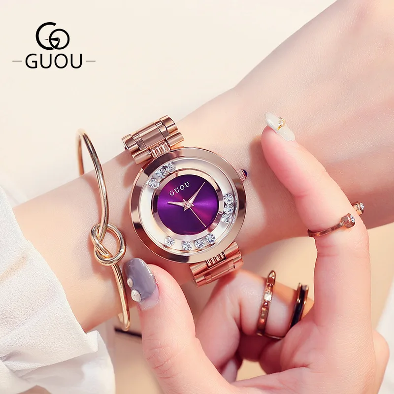 

High Quality Hot Sales Women Rolling Drill Watches Luxury Quicksand Gift Watch Stainless Steel Rhinestone Wristwatches GUOU 8039