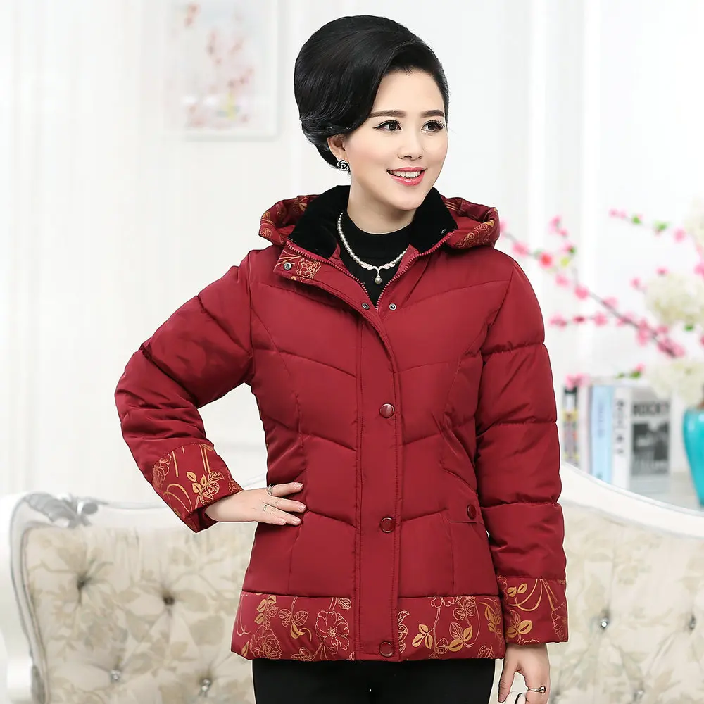 Middle Aged Women Winter Hooded Parkas Red Green Purple Flower Quilted Basic Coat Female Puffer Hood Jacket Mother Outerwear 4XL