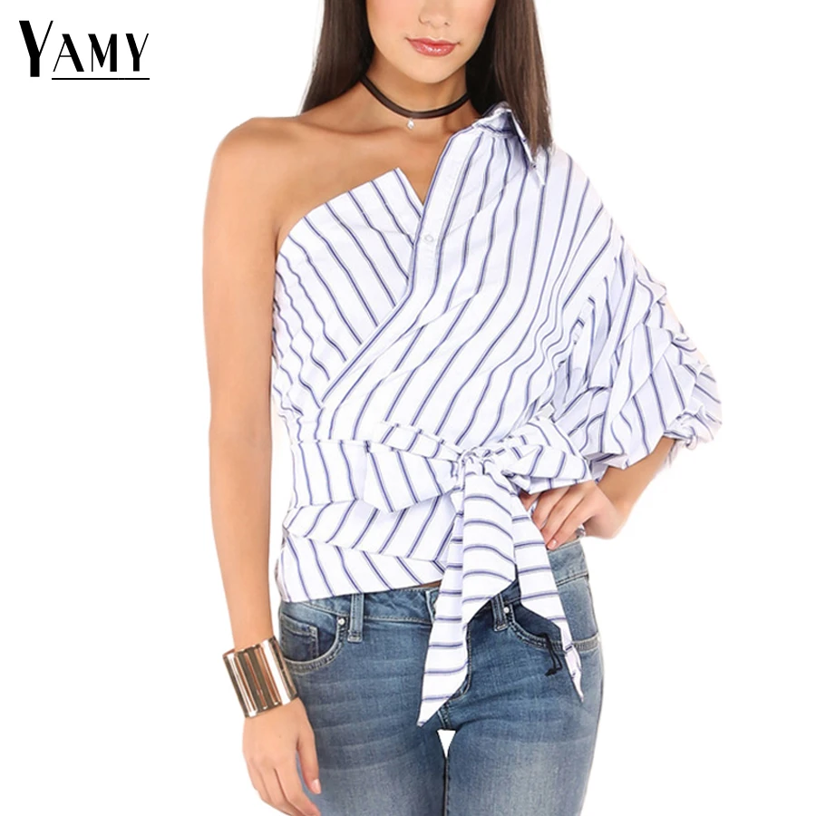 

Sexy One shoulder blue striped blouse women tops Summer long sleeve bow casual shirts 2017 new design backless women blouse