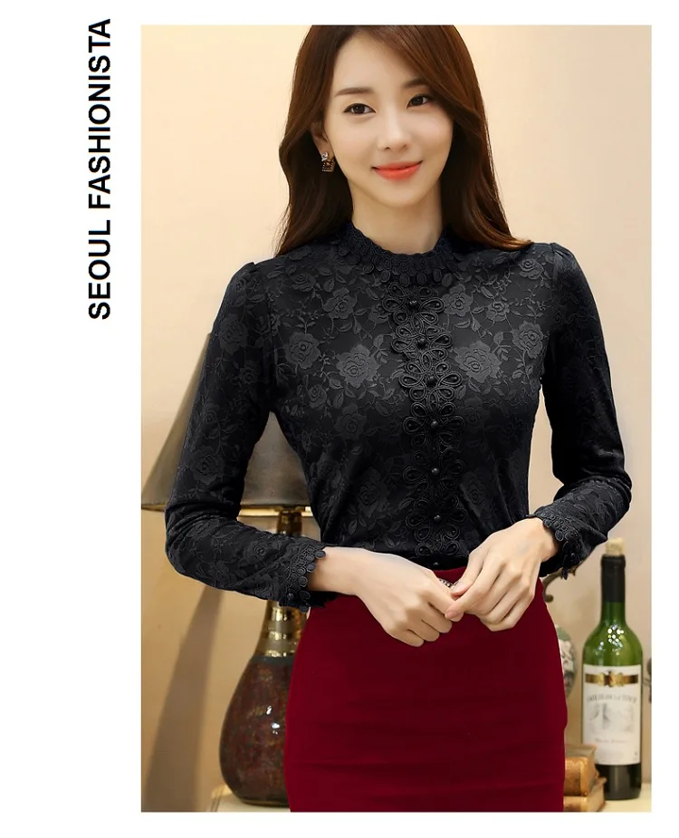 Корейская кружевная рубашка для женщин, блузка, тонкая, толстая, бархатная, женская блузка, Осень-зима, блузки, женские, элегантные, большие размеры, кружевные блузки