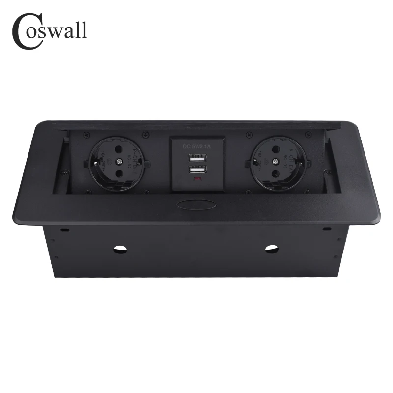 Prix Plaque en alliage de Zinc COSWALL 16A lente POP UP 2 prises EU double Port de Charge USB 2.1A prise de Table de bureau couverture noire mate