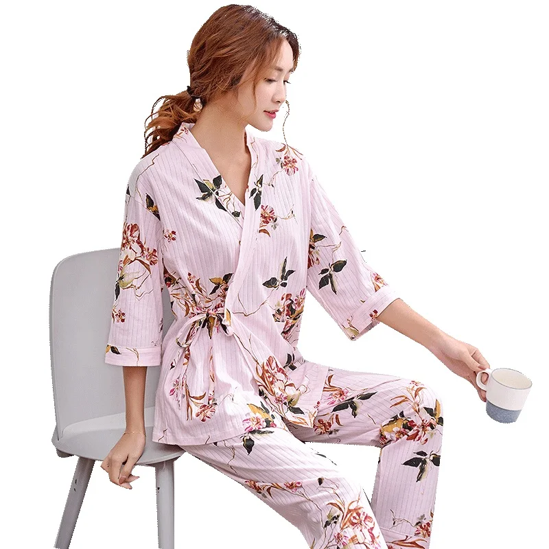 Robe + Pants 2PC Summer Women Pajama Suit 100 Cotton Women Robe Sets Three Quarter Sleeve