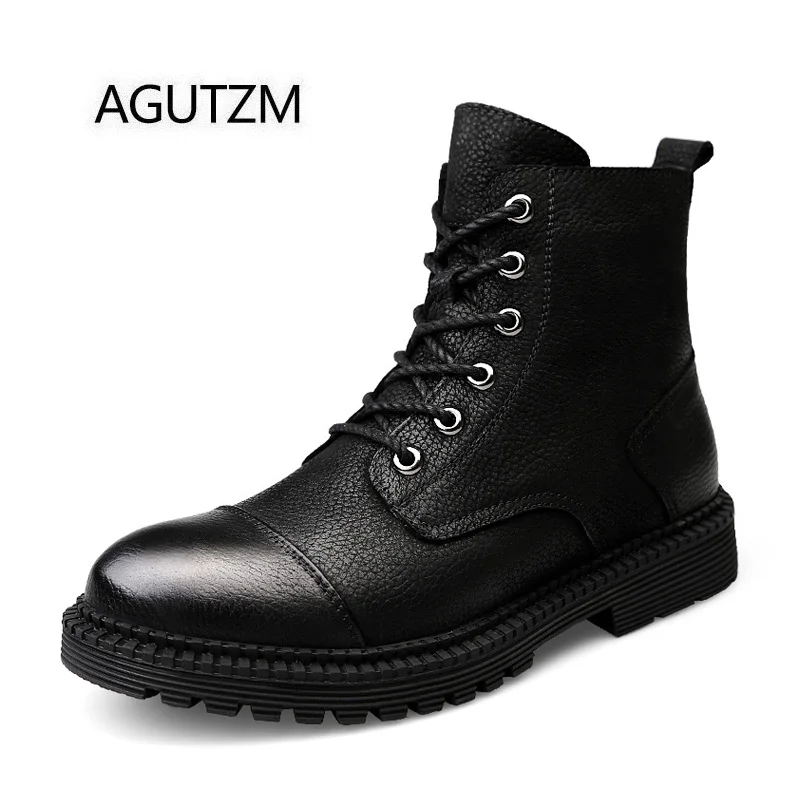 AGUTZM A1888 High Top Lace Up Men's Martin Boots Black Genuine Leather ...