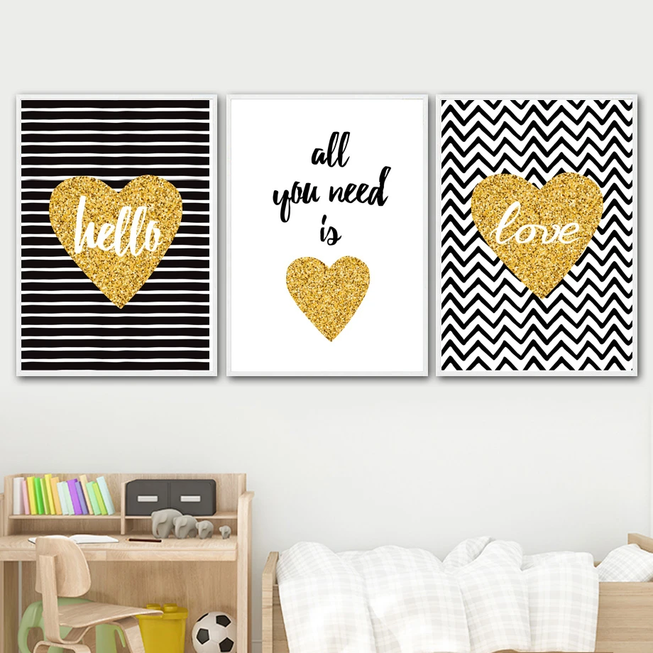 Cartoon Golden Love Heart Quotes Nordic Posters And Print Wall Art Canvas Painting Wall Pictures For Living Room Kids Room Decor Painting Calligraphy Aliexpress