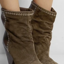 Женщина модно копье украшенные замшевые и кожаные ботильоны шпильках краткие отверстия кольцо дизайн женщины осень зима сапоги