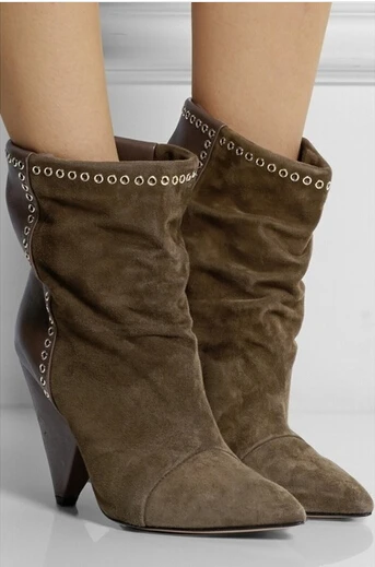 

woman fashionable lance embellished suede and leather ankle boots spike heels concise hole ring design women autumn winter boots