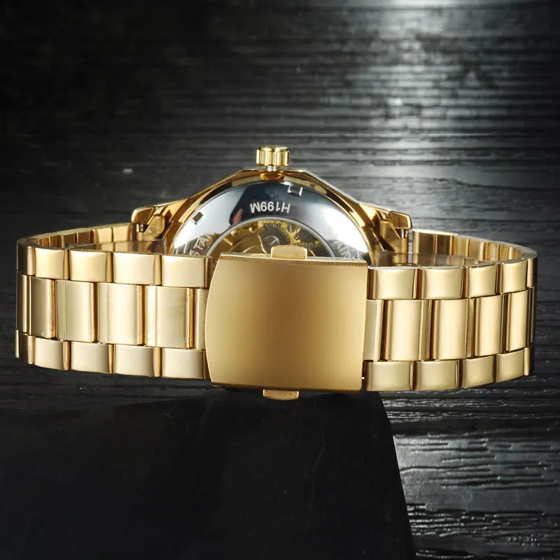 WINNER-Reloj de pulsera para hombre, cronógrafo masculino con esqueleto mecánico, a la moda, informal, automático, con correa de acero dorado - Imagen 3