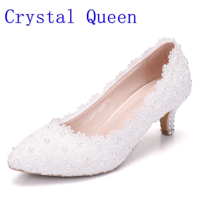 Crystal Queen Women Shoes White Lace Wedding 5cm High Heels Crystal Queen Women Shoes White Lace Wedding 5cm High Heels Sweet Pumps