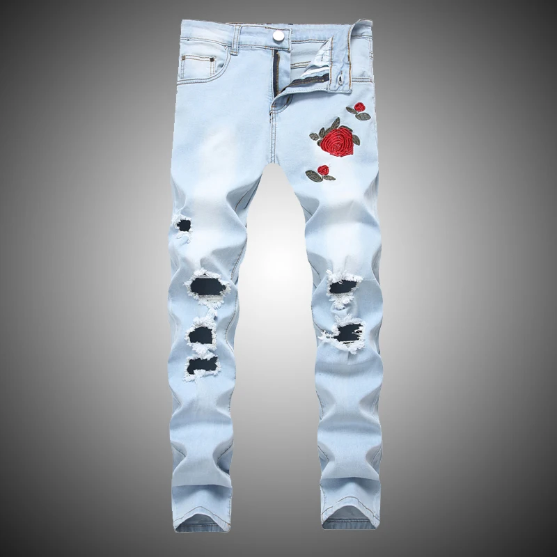 rose Embroidery hip hop black biker jeans men clothes 2018 slim fit denim destroyed jeans men ripped jeans for men D2757